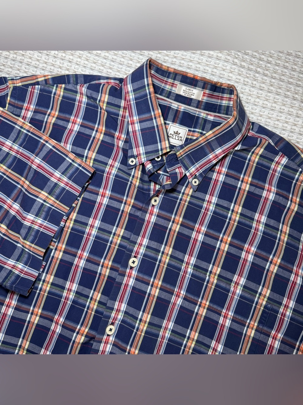 Peter Millar Shirt Men’s Blue Plaid Short Sleeve Button Down 100% Cotton Large
